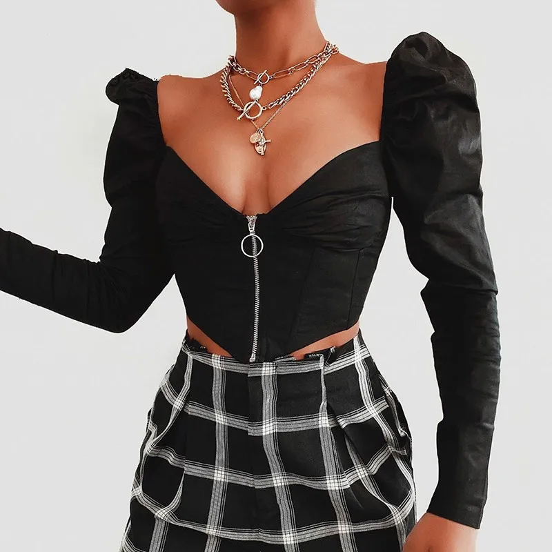 Женский винтажный Корсет блузка с длинными рукавами фонариками корсет на молнии