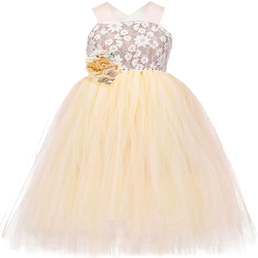 

Champagne Vintage Flower Girl Dresses for Weddings Kids Pageant Party Tutu Dress Ball Gown Long Girls Lace Flower Princess Dress
