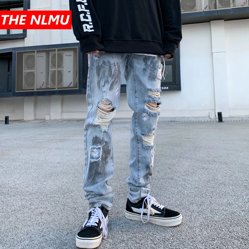 

Джинсы-Карандаш мужские рваные в стиле хип-хоп с цветочной вышивкой