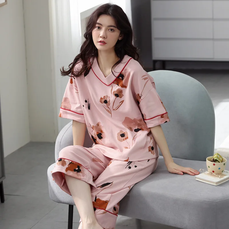 

V-neck Ink Painting Pink Set with Shorts 2021 New Summer Thin Section Cute Casual and Comfortable Pajamas Home Clothes Suit
