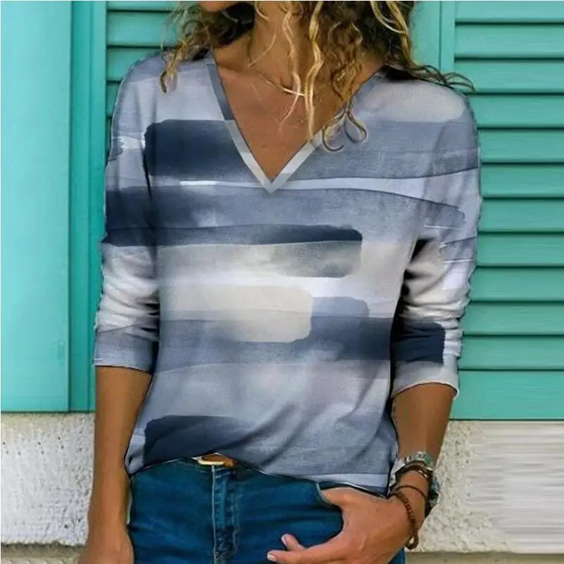 

2021 Spring Diamond Color Print Blouse Shirt Women Elegant V-Neck Long Sleeve Top Autumn Casual Loose Plus Size Streetwear