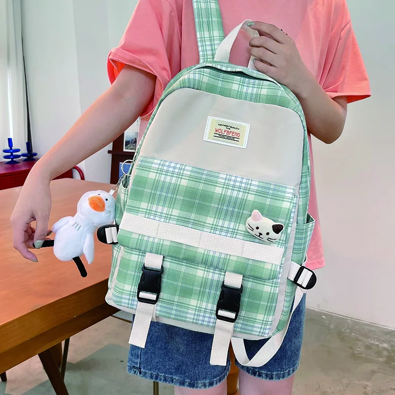 Милый женский нейлоновый школьный портфель для девочек, клетчатый вместительный рюкзак для книг, женский холщовый рюкзак с защитой от краж...