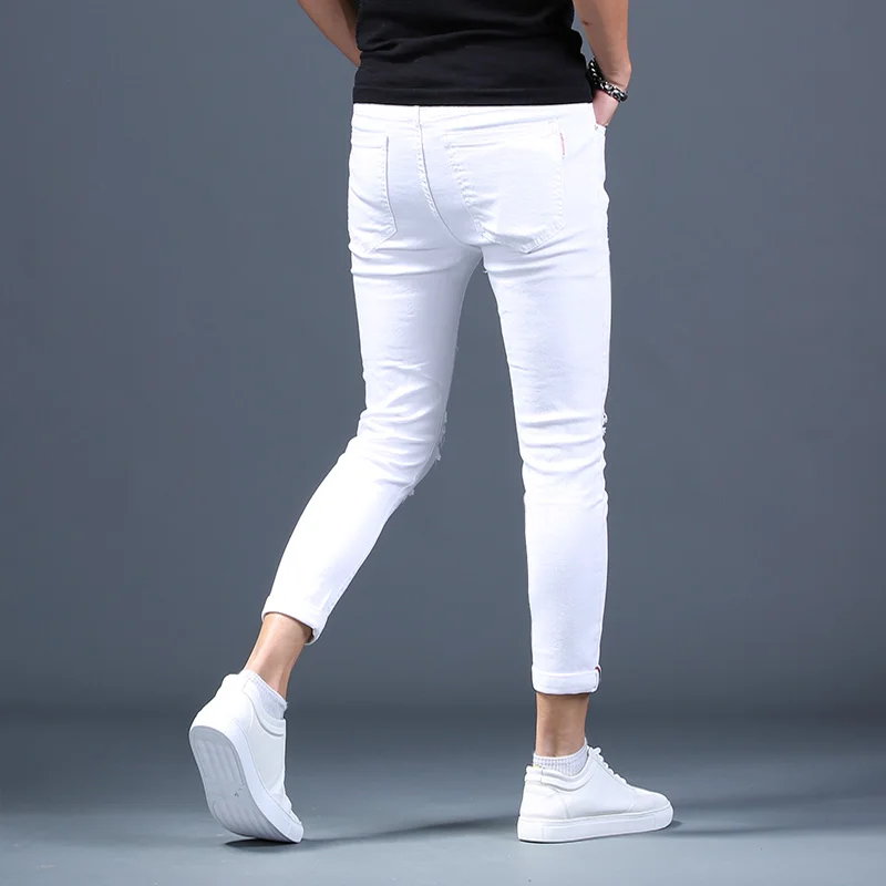

Summer Men's Ripped White Jeans Korean Style Cotton Slim Fit Pants