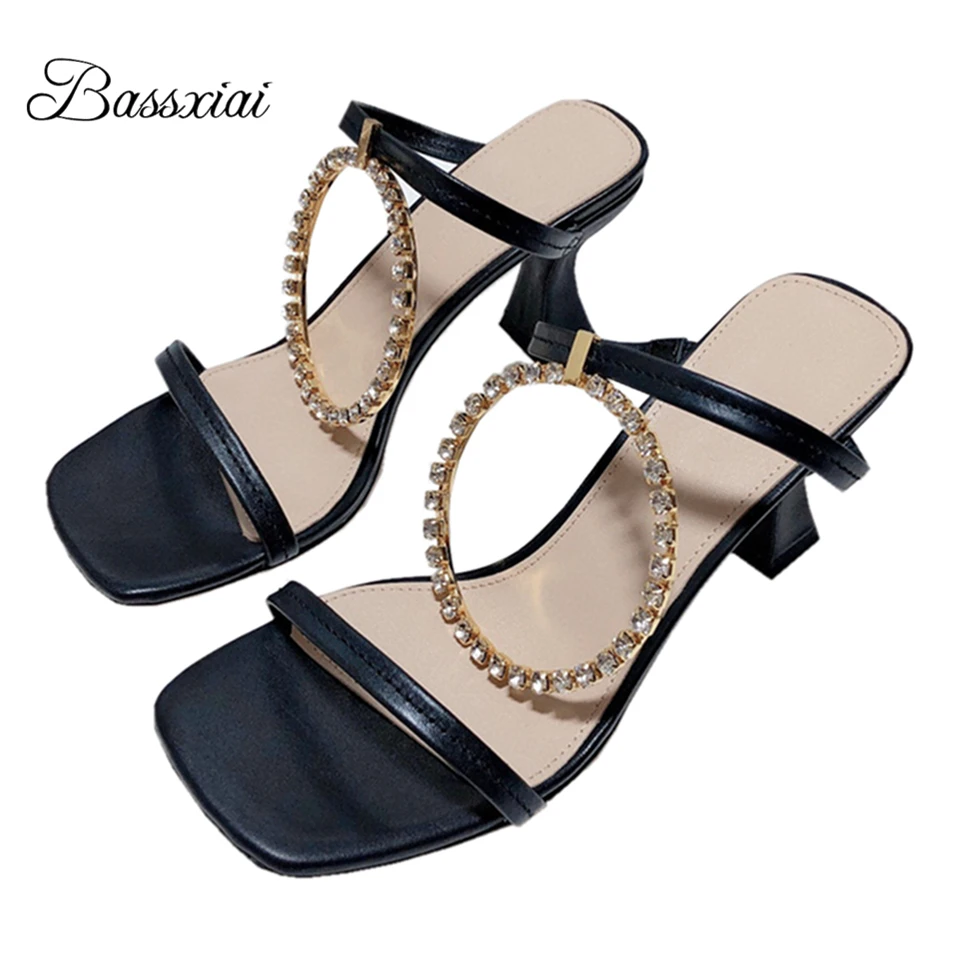 

Circular Diamond Decor Runway Mules Lady Summer Sexy Kitten Heel Open Toe Slingbacks Genuine Leather Sandals Women