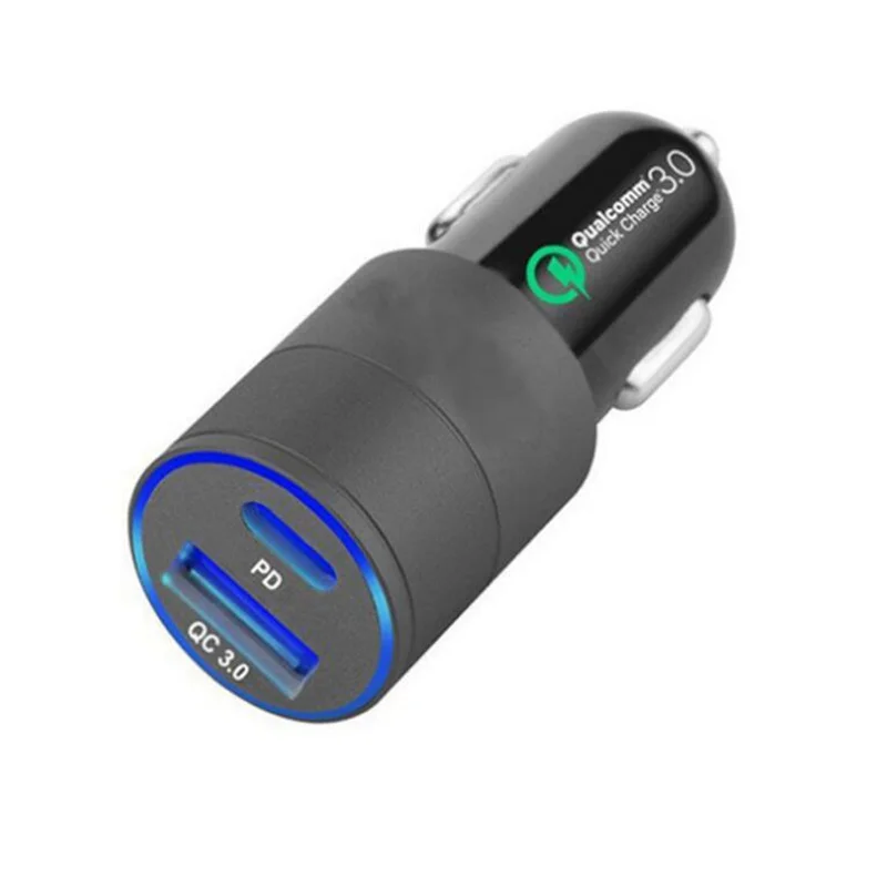 

200pcs 3A 2 Port QC 3.0 Dual typec PD Quick Fast Car Charger Adapter BLUE LED light For iPhone Samsung huawei xiaomi