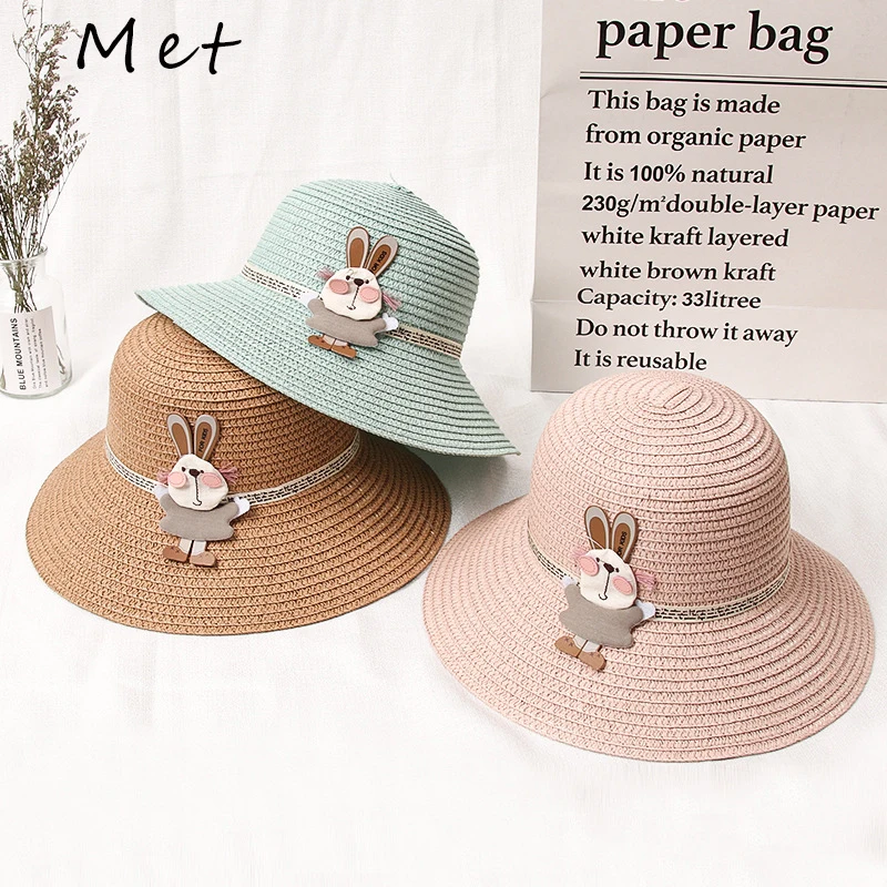 

S16 2021 весенне-летняя новая детская Корейская женская мультяшная соломенная шляпа с кроликом солнцезащитный козырек детская шляпа Панама Со...