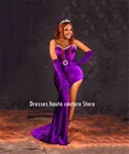 Сексуальное длинное фиолетовое бархатное платье для выпускного вечера платья 2021 сбоку Разделение Блестящие кристаллы из бисера Африканский царь чёрных русалки для маленьких девочек; Платье для выпускного вечера Гала платье