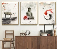 canvas painting new chinese ink flowers buddha retro wall art print poster for living room decorative picture home decor
