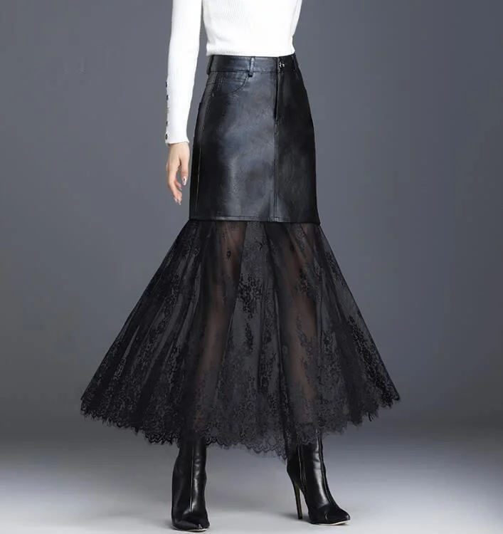 

Zoulv Women Fashion Loose Tie Belt Waist Skirt Women Elegant Mid Calf Skirts Female Ladies Autumn Winter PU Leather Skirts