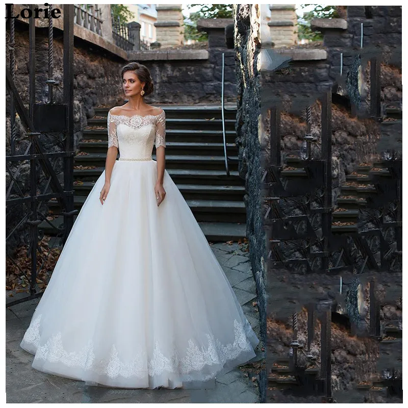 

LORIE Boho Wedding Dress A Line Lace Off The Shoulder Bridal Dress Half Sleeves Vintage Backless Turkey Wedding Gown