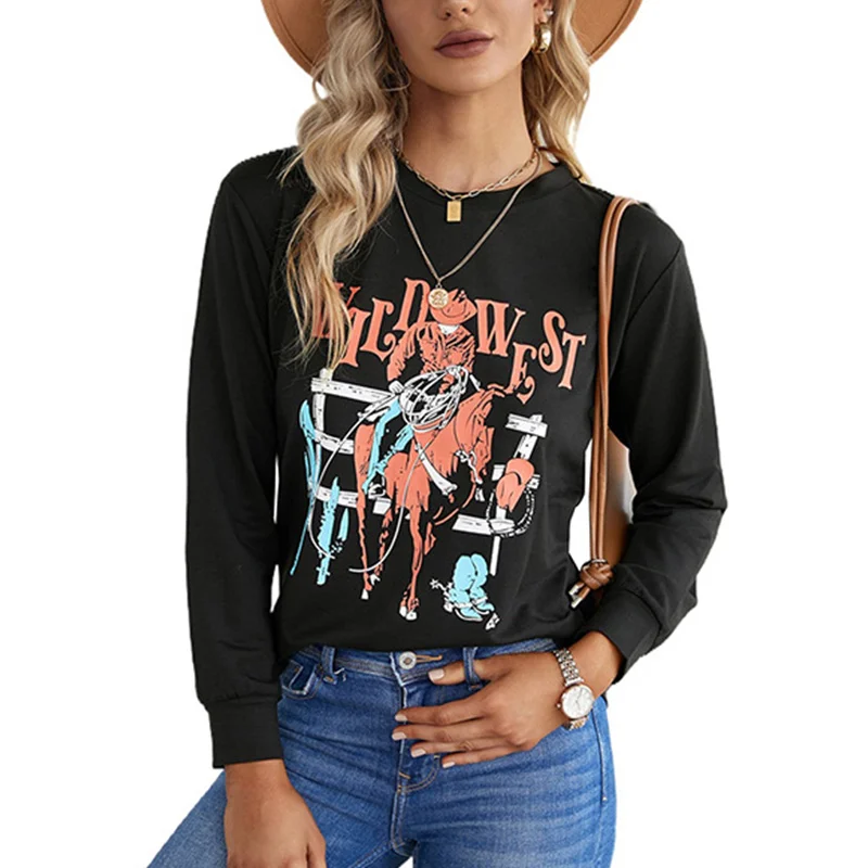 

Women's Blouse Print Pullovers O Neck Long Sleeve Casual Street Letter Ladies Tops 2021 Autumn Female Fashion New Clothing