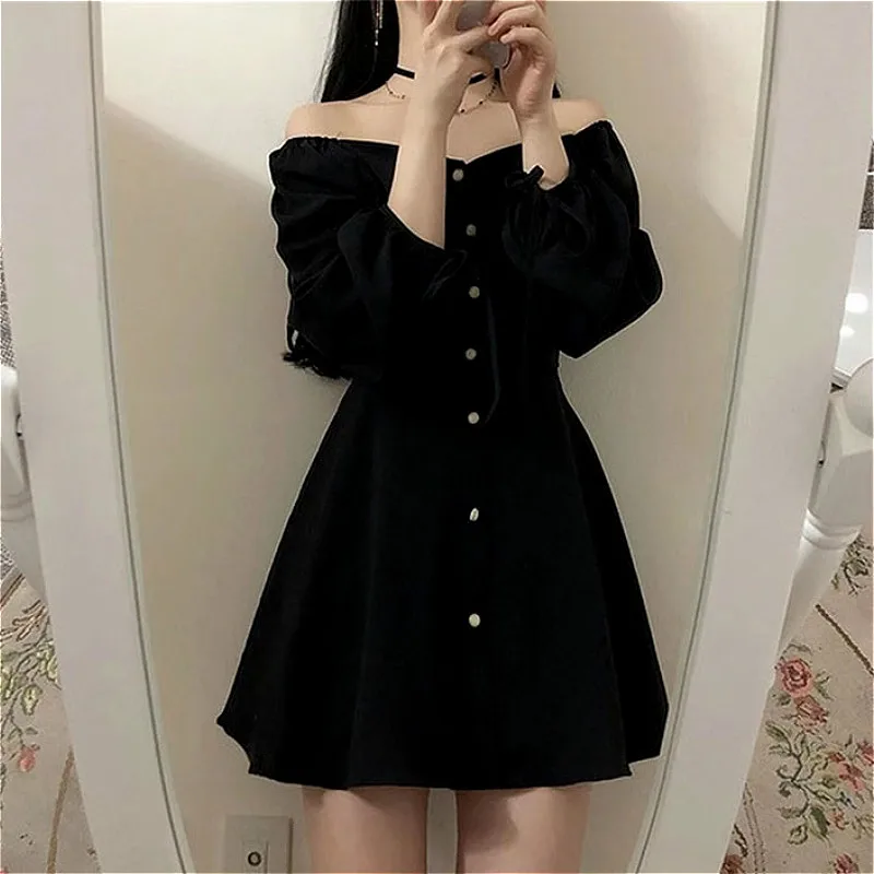 Vintage Dress Women Ulzzang Simple Black Basic Preppy Teens Vestidos Classy Retro Fashion Clothes Long Sleeve Spring New Daily | Женская