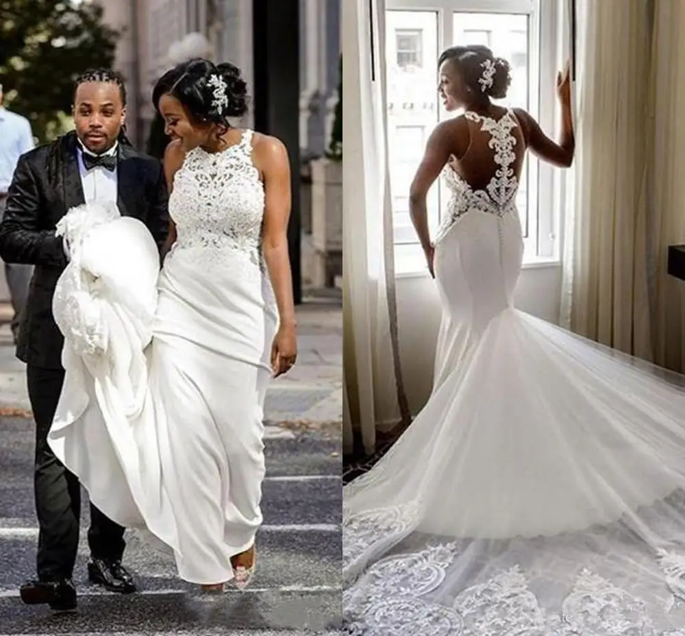 

2021 African Mermaid Wedding Dresses Sexy Sheer Back Lace Appliques Western Country Bridal wedding Gowns With Court Train