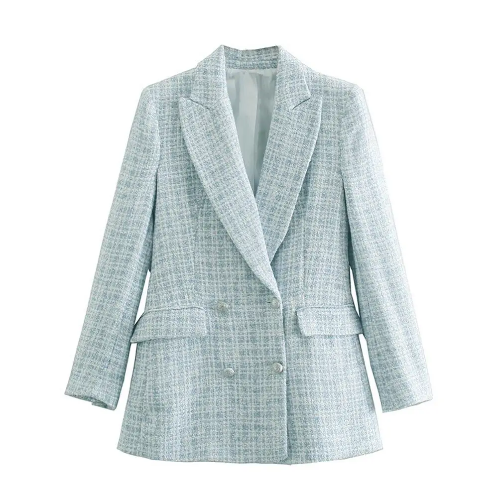 

2021 Women Coat Fashion Small Fragrance Style Pattern Slim Suit Jacket Europe America Spring Elegant Light Blue Ladies Blazer