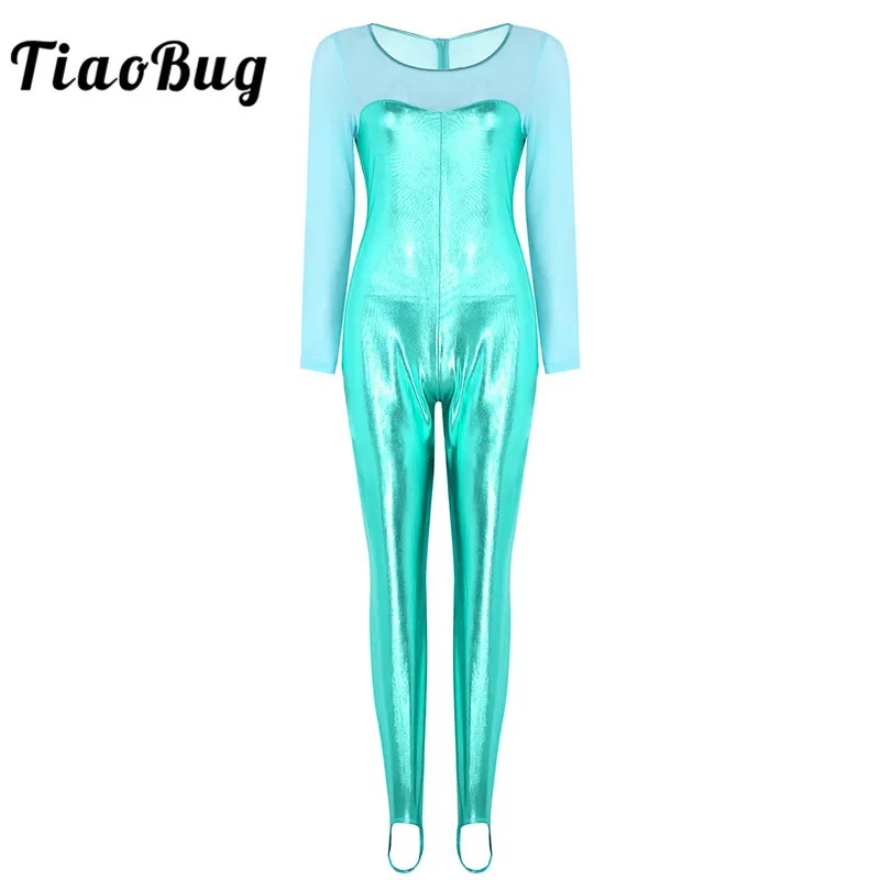 

TiaoBug Shiny Metallic Long Sleeve One-piece Ballet Gymnastics Leotard Women Unitards Bodysuit Catsuit Performance Dance Costume