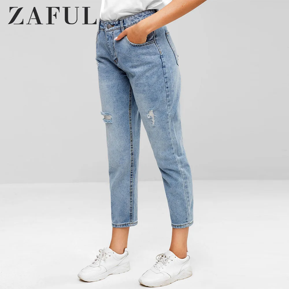 ZAFUL потертые джинсы с пятью карманами рваные женские шаровары брюки бойфренда