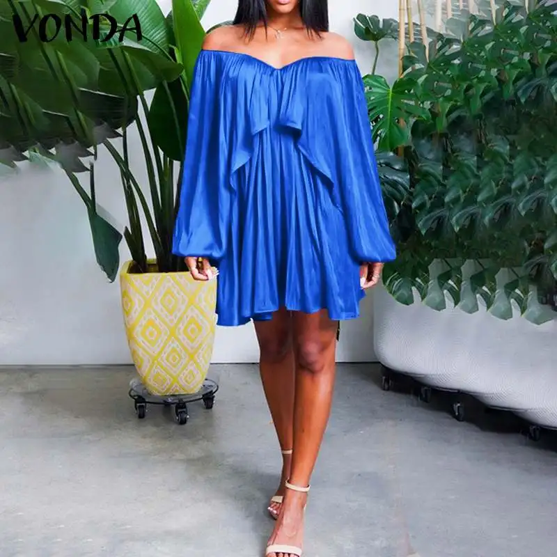 

Women Sexy Puff Sleeve Backless Dress VONDA Summer V Neck Pleated Lace Ruffled Hem Dresses Femme Mini Robe Oversized Sundress