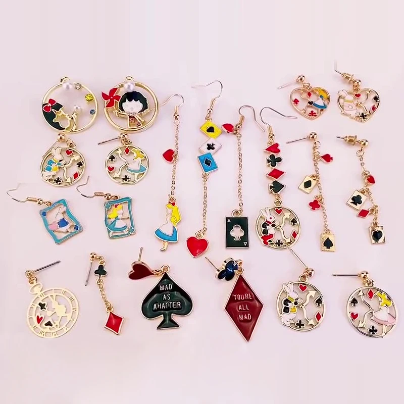 

Asymmetrical Earrings Red Peach Princess Alice Wonderland Dangle Earrings Poker Card Women's Earring Fashion Jewelry Gift