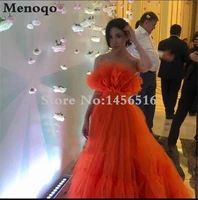 2021 orange ruffles tulle evening party dresses strapless tiered plus size prom dresses a line special occasion gowns