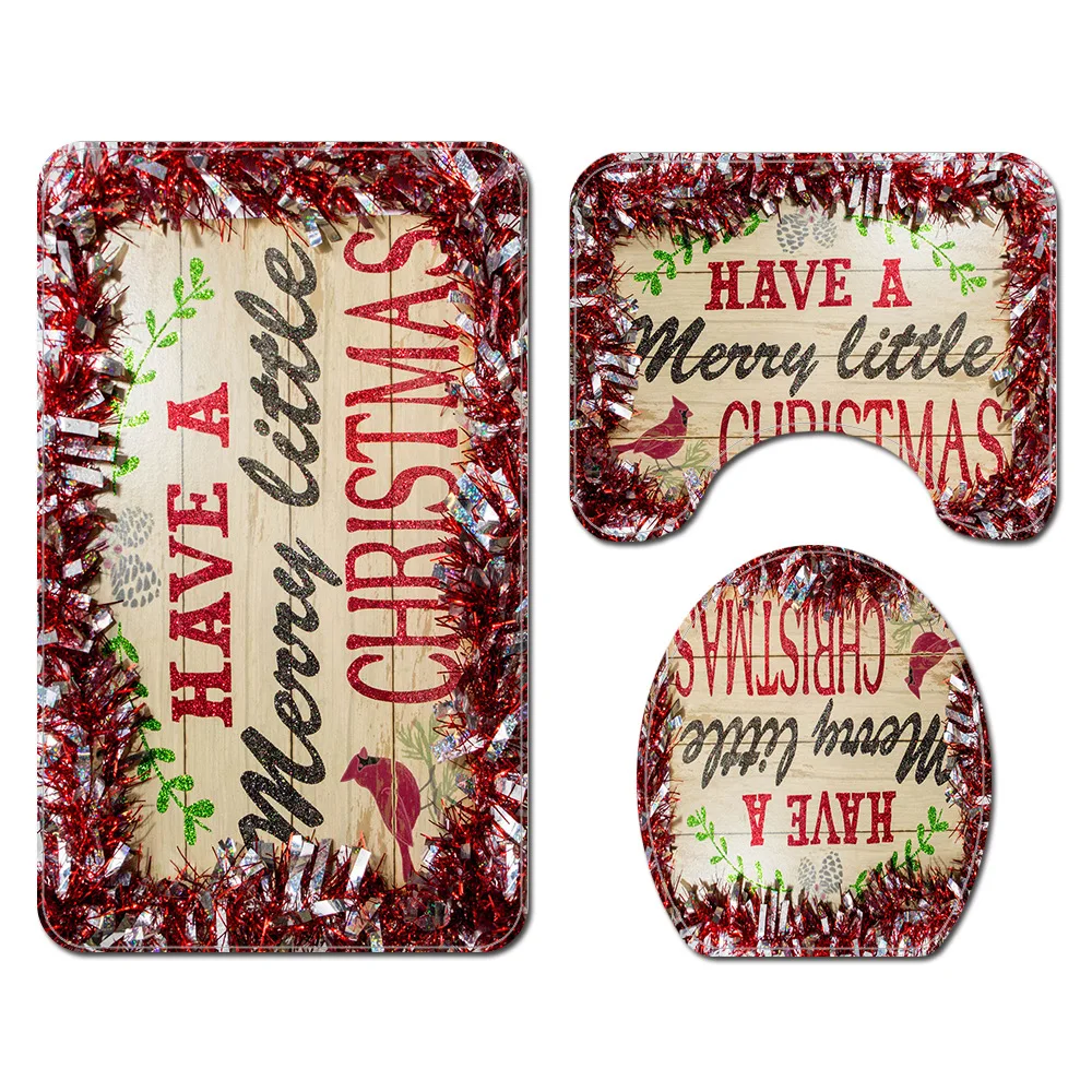 

Christmas Style Bath Mat and Waterproof Shower Curtain Set Bathroom Carpet Anti-slip Floor Carpet Set Toilet Seat Cover Mat