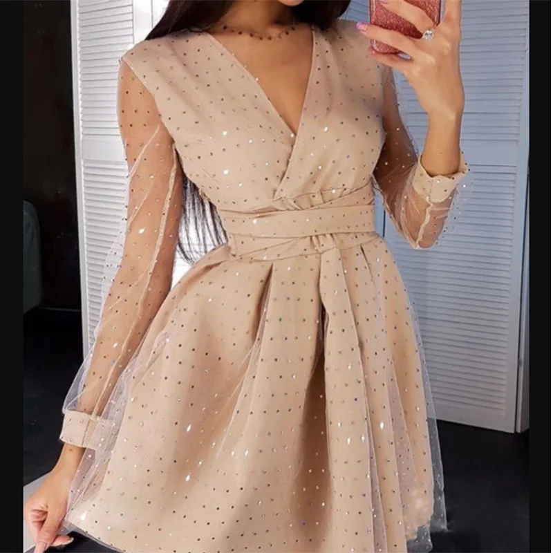 

Fashion Shiny Sequin Diamond Mesh Stitching Dress Women Spring Autumn Sheer Long Sleeve Belted Slim A Line Dresses