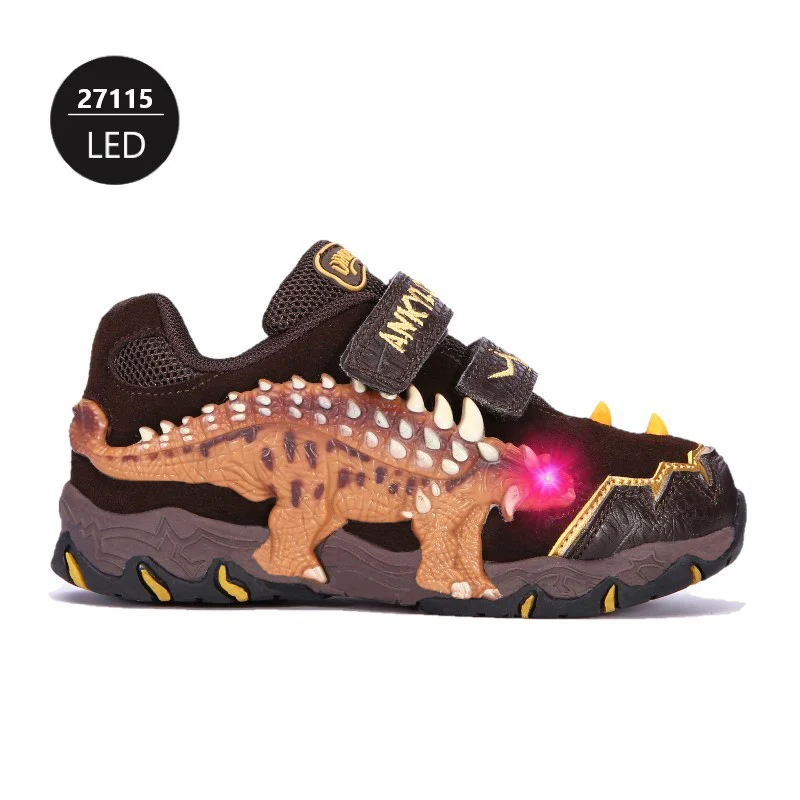 Brown-four LED DINOSKULLS/осенний светильник; обувь для мальчиков; кроссовки со светящимися светодиодами; 3D; большой динозавр; маленькие дети; натуральная корова; детская спортивная обувь - Цвет: Brown-four LED