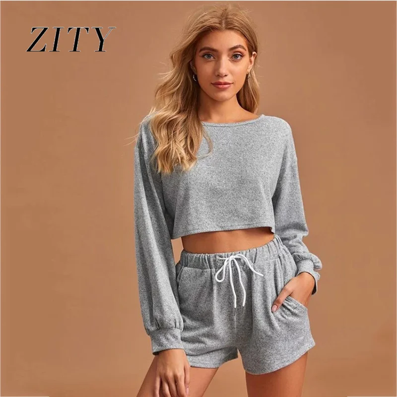 

Ladies European and American Solid Color Round Neck Long-Sleeved Short Casual Sweater Suit 1991 Ladies + Pants