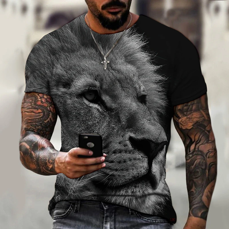 

Lonely Lion Fierce Head Collar 3D Printing Pattern Men's T-shirt Round Neck Design Street Domineering Clothing Large Size 6XL