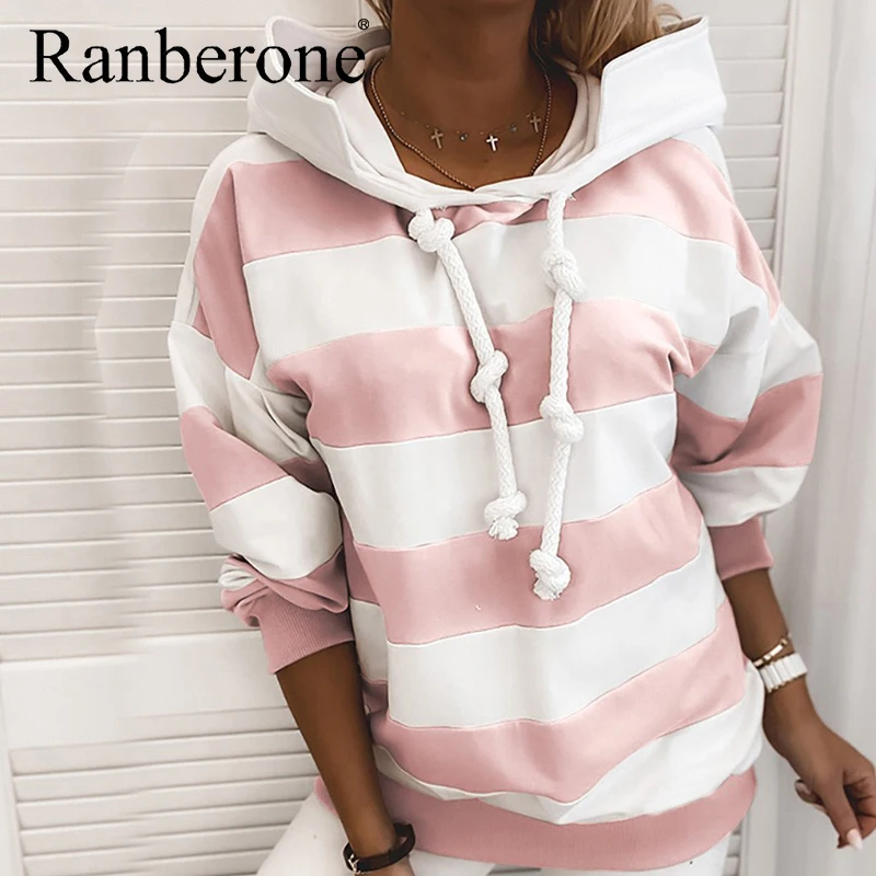 Fashion Women Hoodies Striped Colorblock Loose Hoodies Drawstring Clothes Long Sleeve Hooded Sweatshirt Female Plus Size 2020