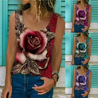 2021 summer new fashion womens retro vest gradient color flower print vest t shirt for women