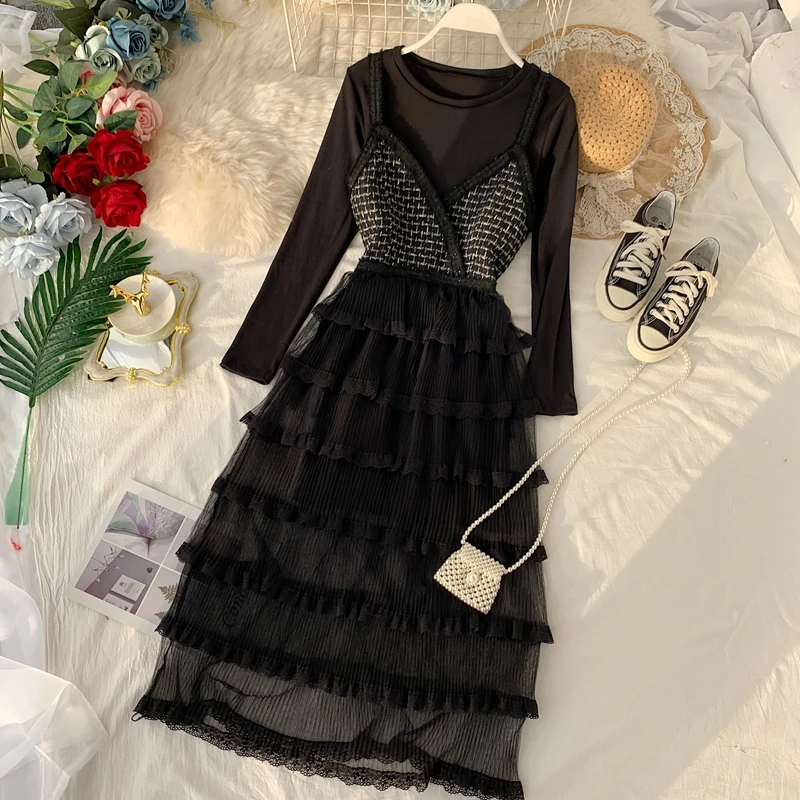 Осеннее женское городское платье до колена с длинным рукавом и каскадной сеткой