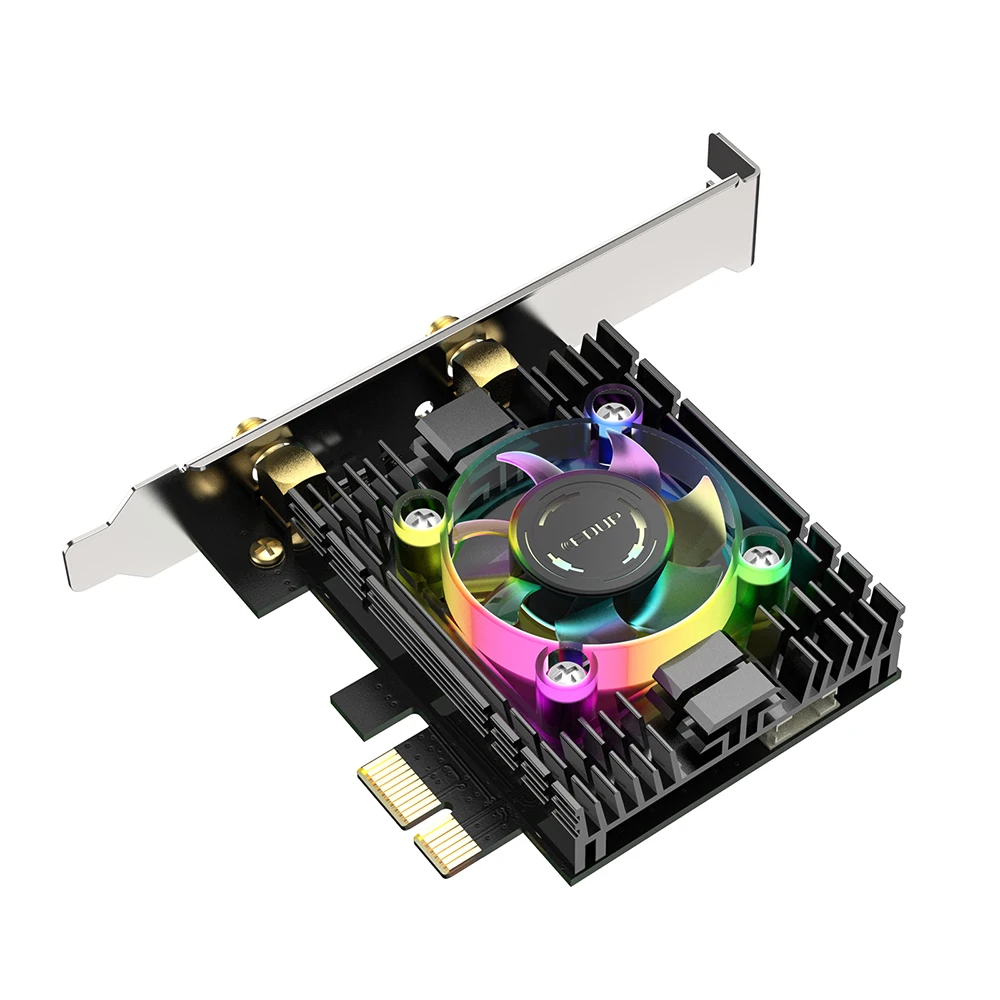 EDUP 3000Mbps WiFi 6 Card Adapter Blue-tooth 5.1 Dual Band 2.4G/5G With Heatsink & RGB Fan And Antenna Base Intel AX200 Chipset.