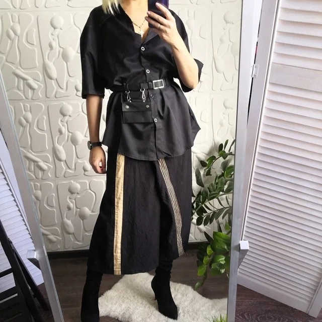 Mooirue Винтаж Харадзюку Женские топы с поясом сумки Черный Половина рукава Кнопка Повседневная Уличная классные Женские топы и блузки