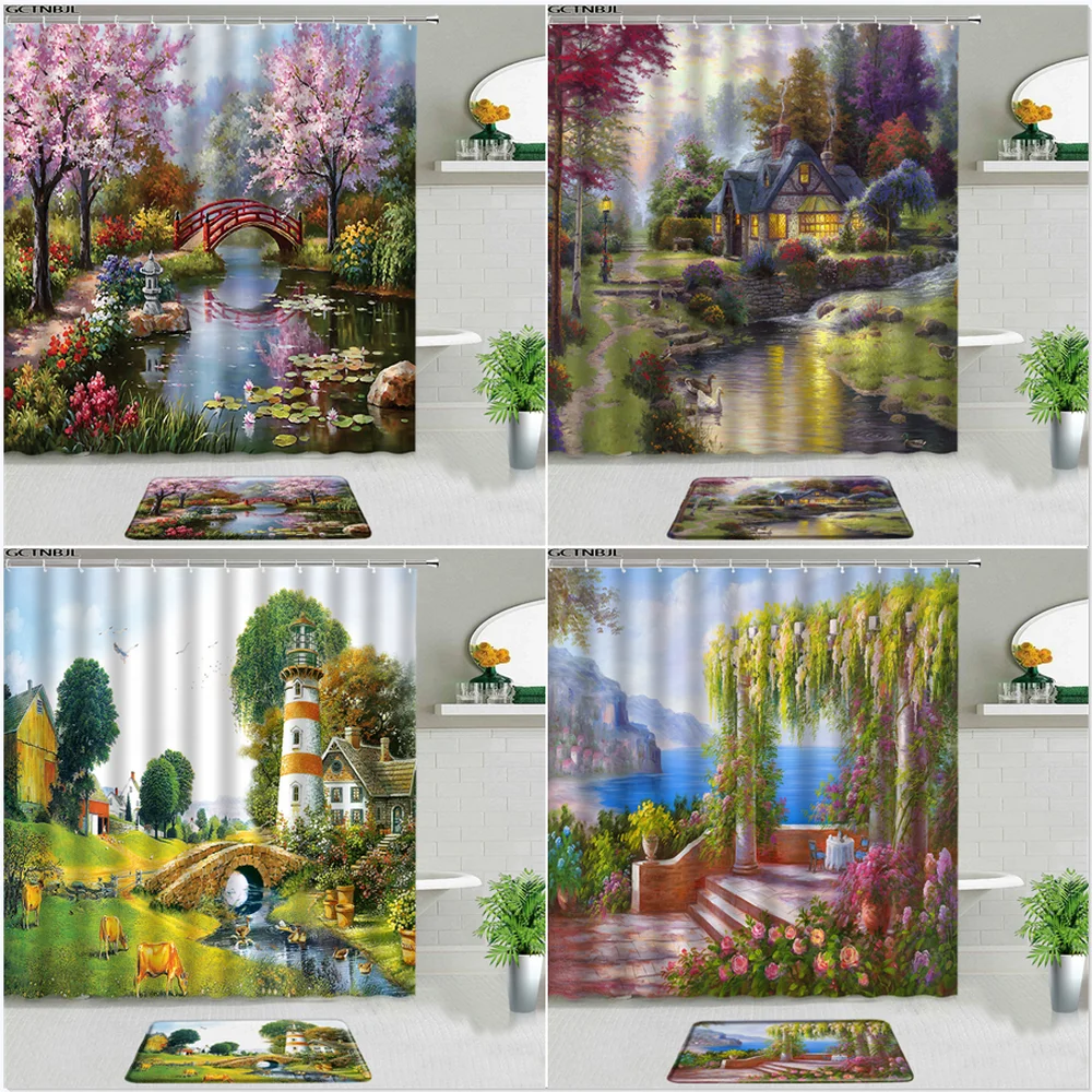 

2PCS Oil Painting Scenery Shower Curtains Flowers Plant Swan Spring Landscape Bathroom Decor Set Bath Mat Non-slip Rug Washable