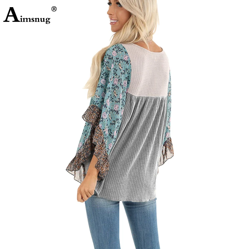 Aimsnug Boho Half-Sleeve Print Splice Women's Sweaters Pullovers O Neck Loose 2021 Casual Autumn New Female knitting Pullovers enlarge