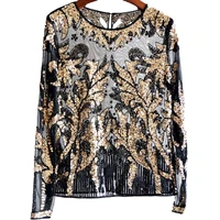 sexy sequined embroidery leaf pattern shirt women shiny transparent gauze heavy beading blouses