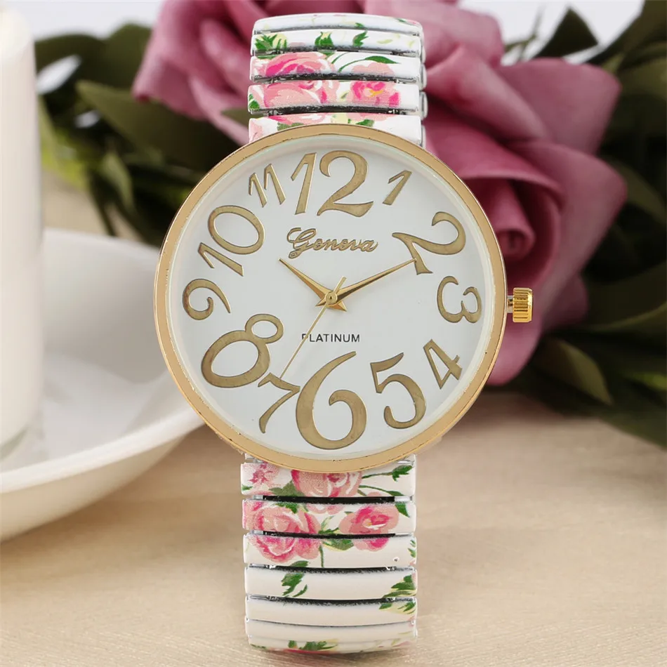 

Women's Watches Printed Elastic Strap Ladies Wrist Watch Quartz Movement Creative Arabic Numerals Display Dial Female Style Cloc