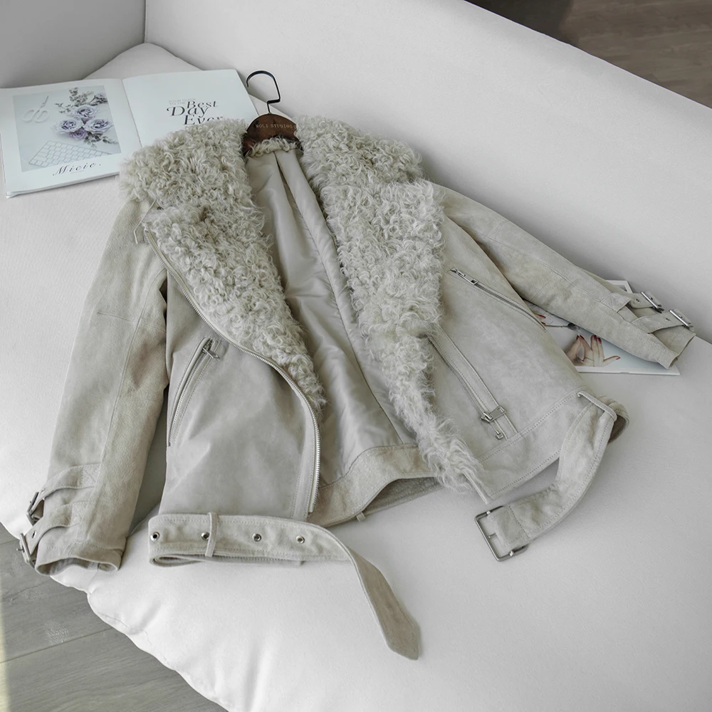 Off-white Женская куртка из натуральной кожи, большие размеры, овечий мех, Кожаные Мотоциклетные Куртки Пальто из свиной кожи, новинка, модное женское пальто - Цвет: Off-white