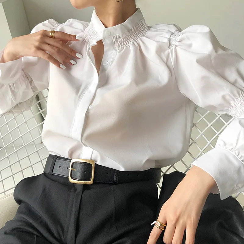 

Fall Temperament Fashion Women's Stand-up Collar Single-breasted Loose Solid Color Pleated Puff Sleeve Shirt Top UK826