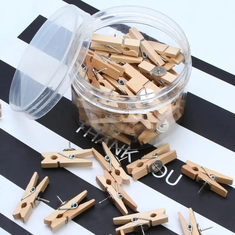 

Push Pins With Wooden Clips 50Pcs Thumbtacks Pushpins Creative Paper Clips Clothespins Natural Color for Cork Board and Photo Wa