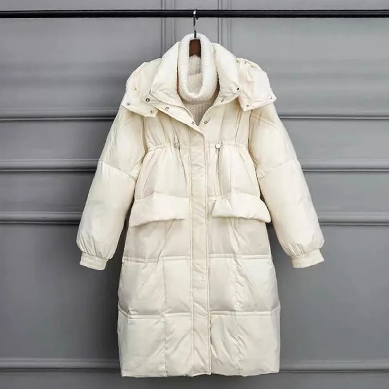 

Aibeautyer Winter Black Pink Coat Stand Collar Zipper Outwear Women Hood Thick Warm Loose Long Down Parkas 90% White Duck Down