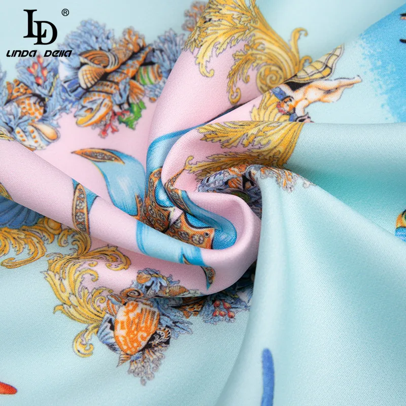 

LD LINDA DELLA Summer Fashion Runway Dress Women Long Sleeve Lace Patchwork Elegant Blue Underwater World Print Short Dresses