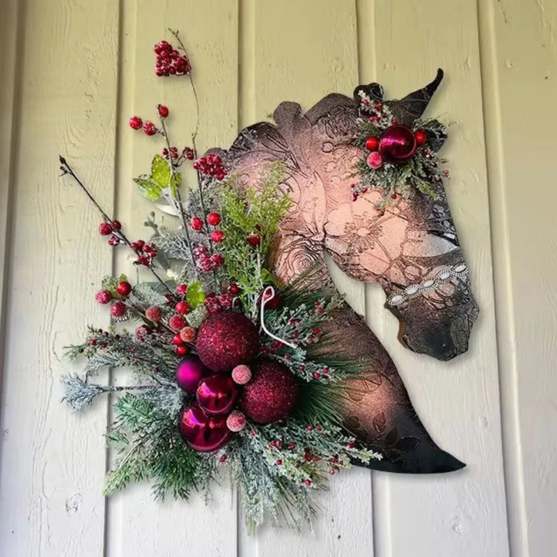 Guirnalda de Navidad con cabeza de caballo para puerta Delantera, colgante de cabeza de Animal para jard&iacute;n al aire libre, adornos colgantes de pared para el hogar, novedad-5