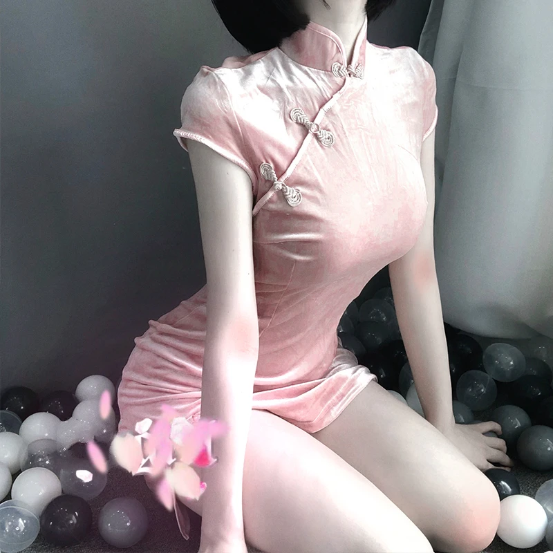 

Chinese Short Sleeve Hem Split Punk Velvet Sexy Slimming Dress Diablo Girl Style Vintage Modified Velvet Cheongsam Buckle Dress