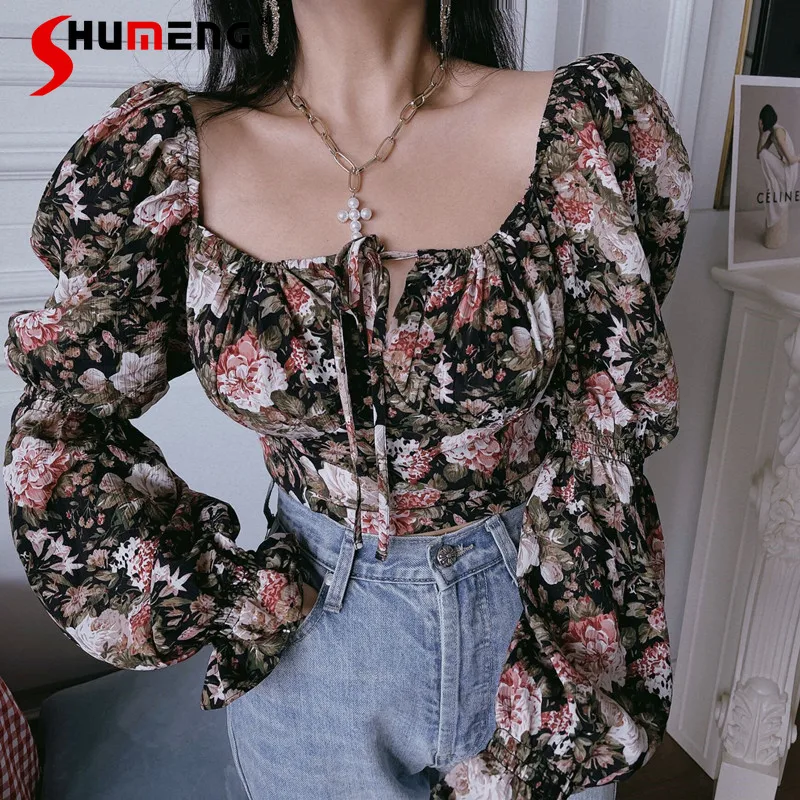 

2021 New Early Autumn Female Holiday Retro Painting Blusas Women's Fashion Floral Square Collar Shirt Lantern Sleeve Midriff Top