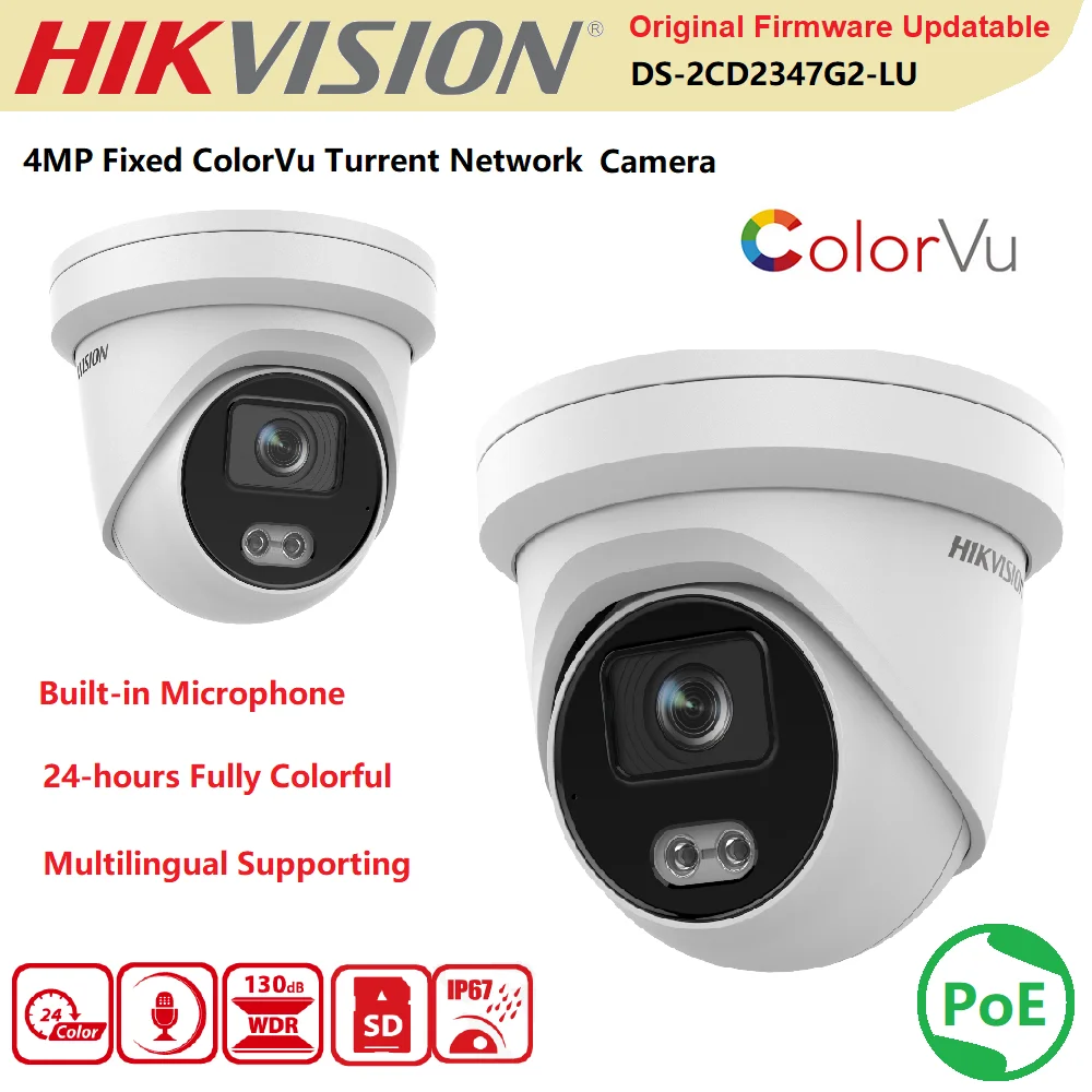 

Hikvision IP Camera 4MP DS-2CD2347G2-LU POE H.265+ IP67 Fixed Turret Network Full Color Built-in Microphone WDR ColorVu