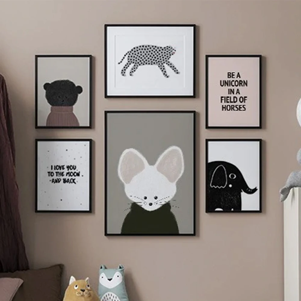

Cartoon Animal Illustration Poster and Print Nursery Elephant Mouse Leopard Wall Art Canvas Painting Picture for Kids Room Decor