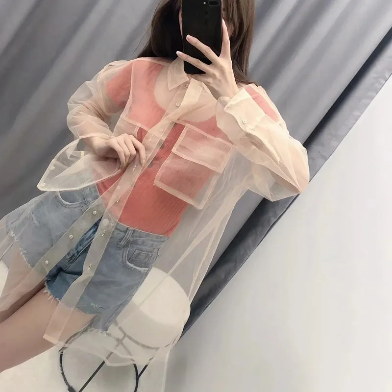 Модная женская бежевая прозрачная блузка с отложным воротником сетчатая рубашка