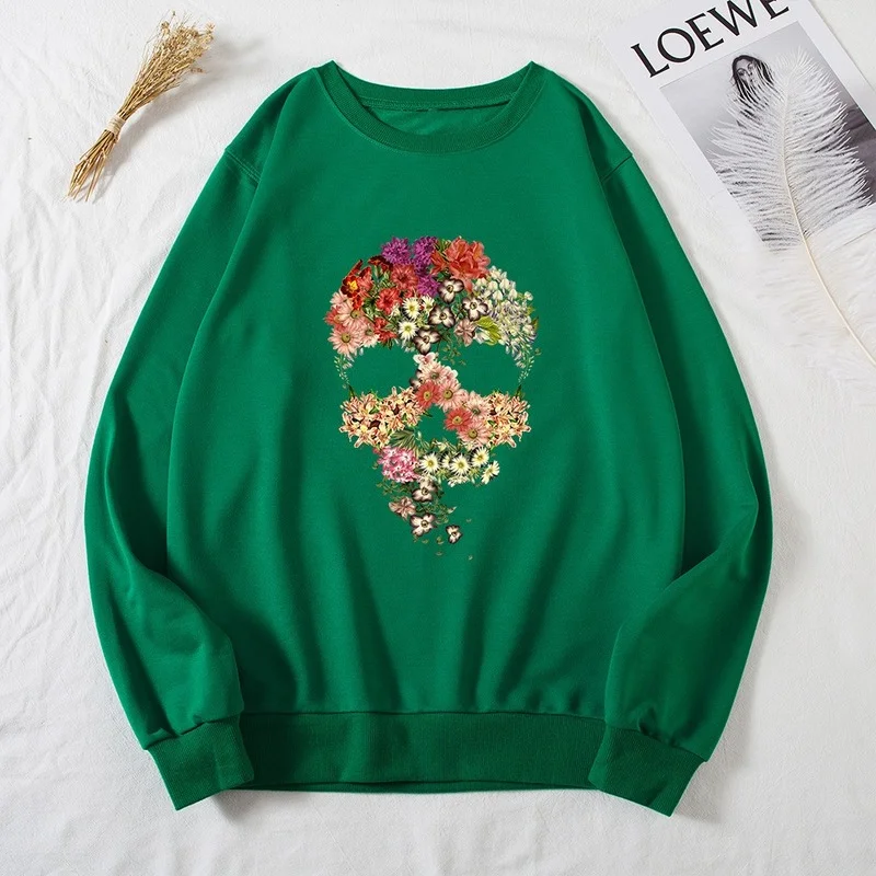 

Flower Skull Print Female Sweatshirts Autumn Women Long Sleeve Pullover Casual Graphic Ladies Daily O-Neck Hoodless Tops Clothes