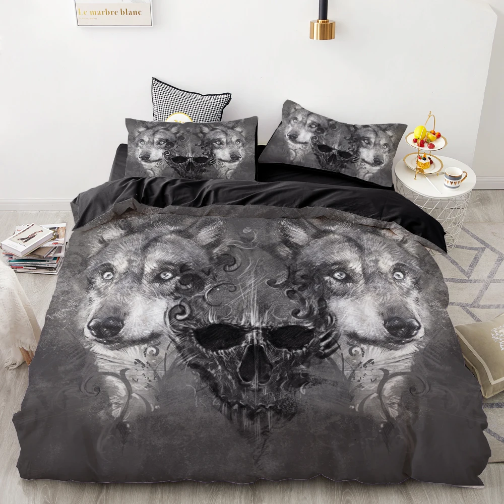 

WarmsLiving 3D Print Bedding Set Duvet Cover Set King/Europe/USA,Comforter/Quilt/Blanket Cover Set,Animal wolf Black Bedclothes